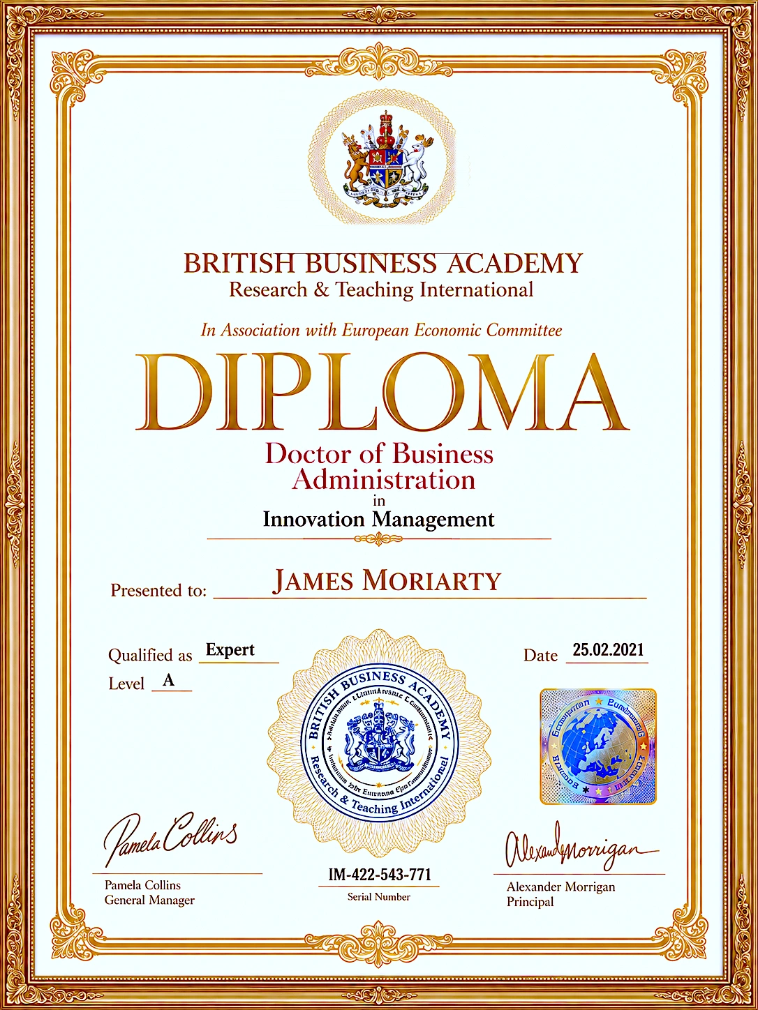 Illustrative diploma artwork featuring fictional recipient James Moriarty; not evidence of an issued qualification