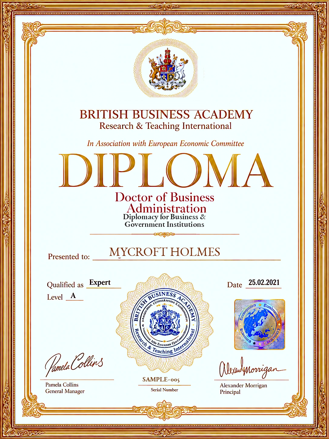 Fictional specimen diploma: Mycroft Holmes, Diplomacy for Business & Government Institutions. Illustration only, not a valid qualification.