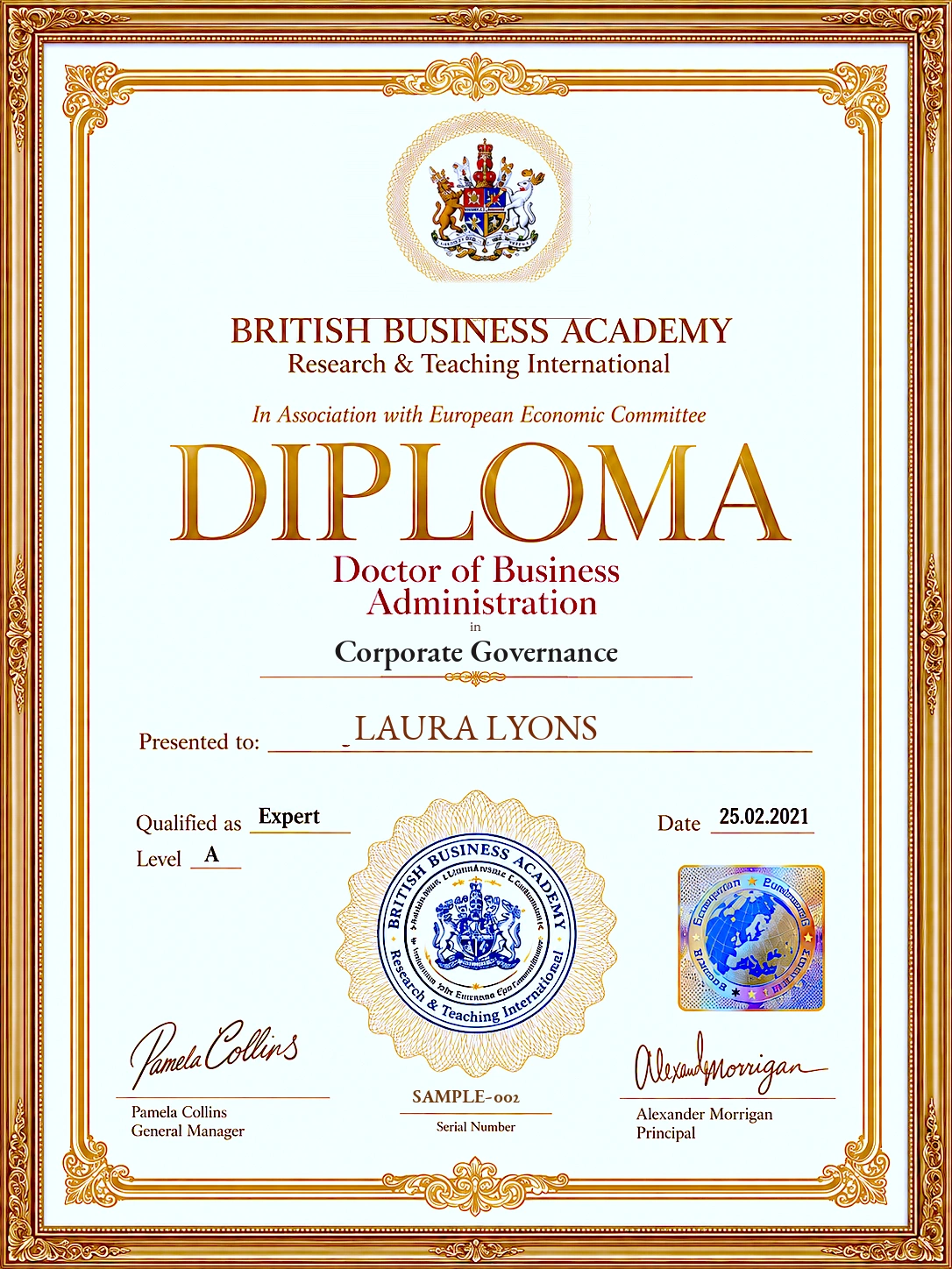 Fictional specimen diploma: Laura Lyons, Corporate Governance. Illustration only, not a valid qualification.