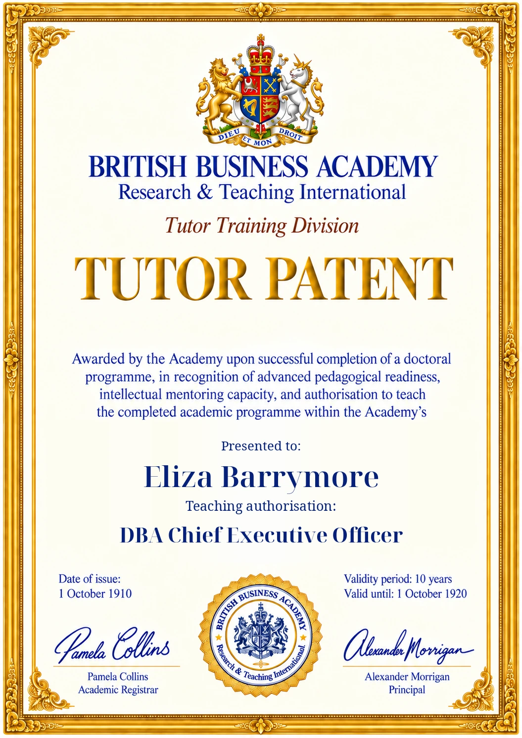 Tutor Patent design: Eliza Barrymore, DBA Chief Executive Officer, 1910–1920