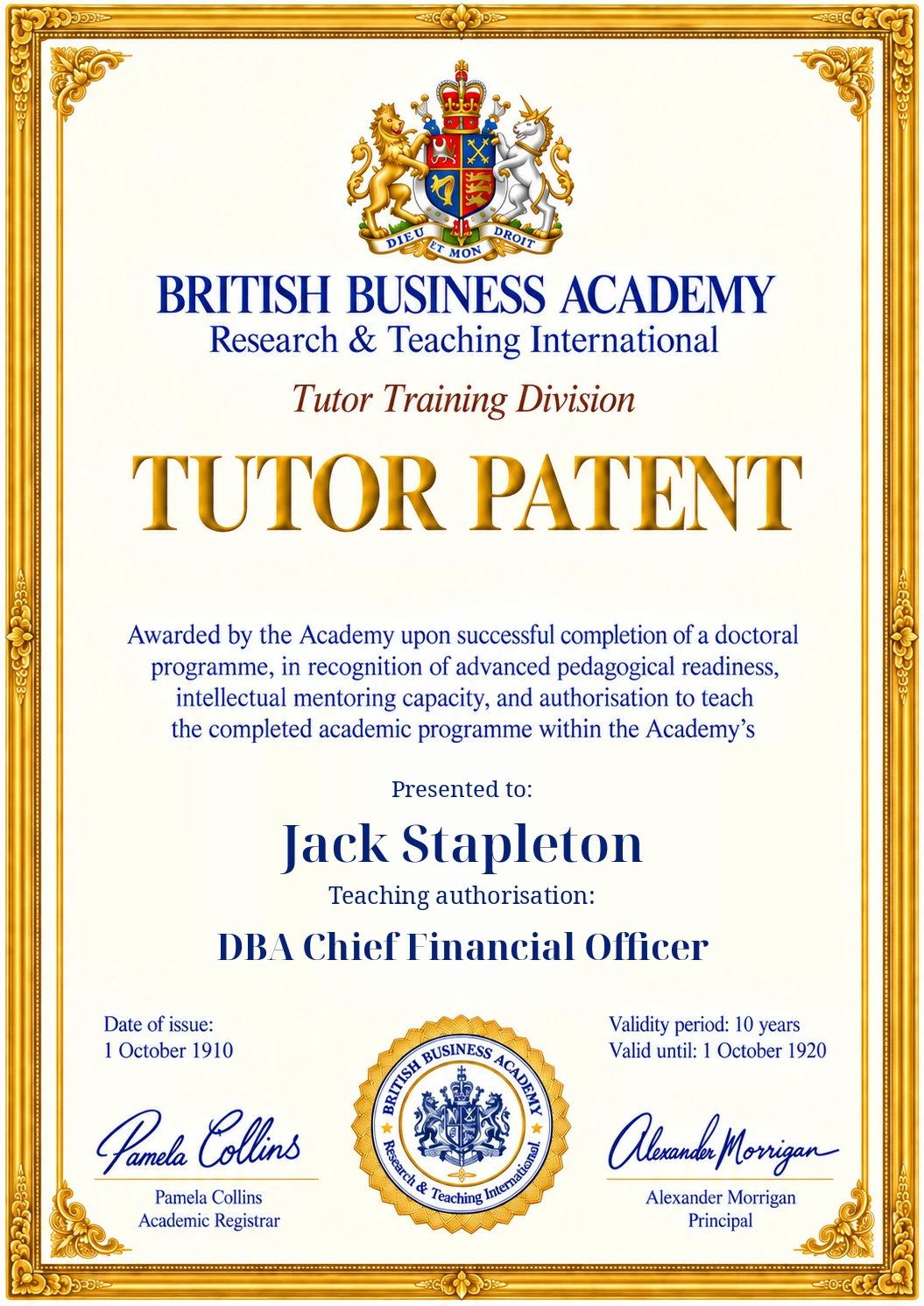Tutor Patent design: Jack Stapleton, DBA Chief Financial Officer, 1910–1920