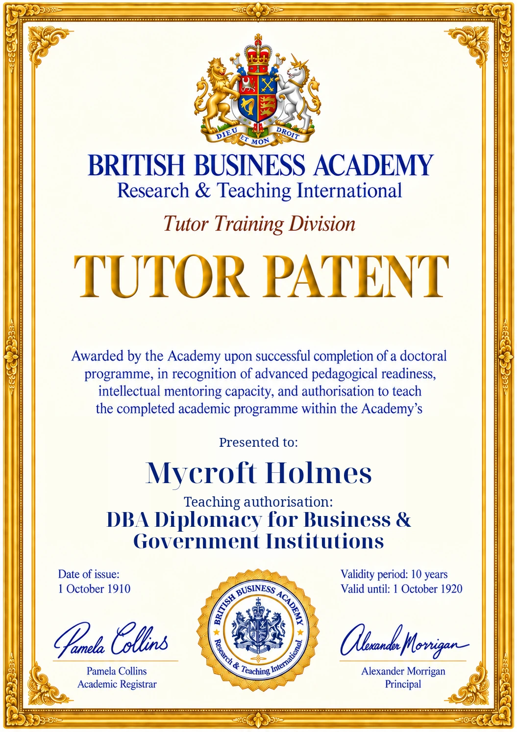 Tutor Patent design: Mycroft Holmes, DBA Diplomacy for Business & Government Institutions, 1910–1920