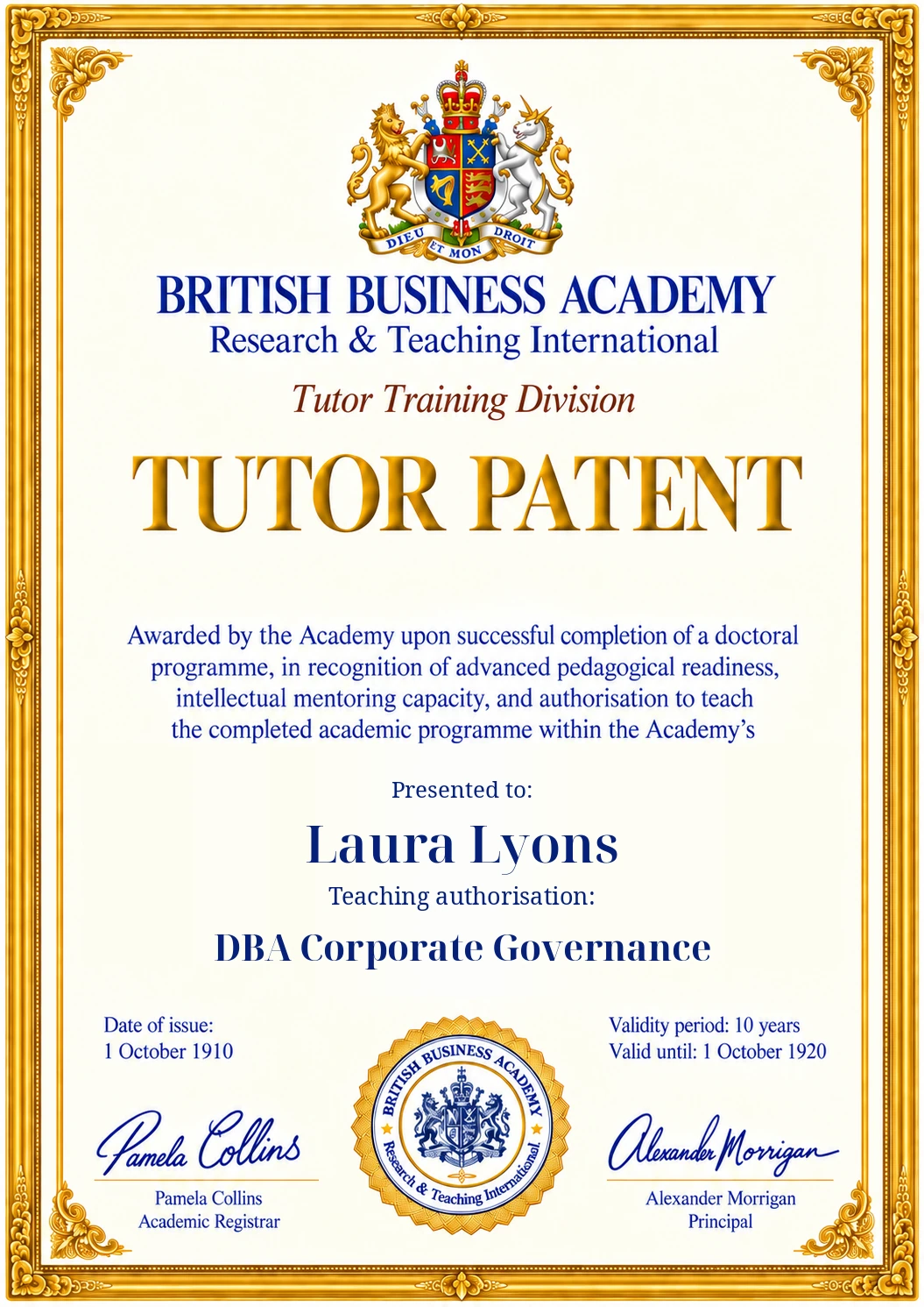 Tutor Patent design: Laura Lyons, DBA Corporate Governance, 1910–1920