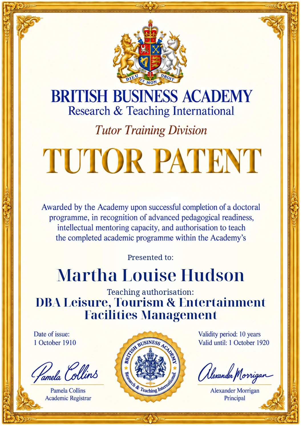 Tutor Patent design: Martha Louise Hudson, DBA Leisure, Tourism & Entertainment Facilities Management, 1910–1920