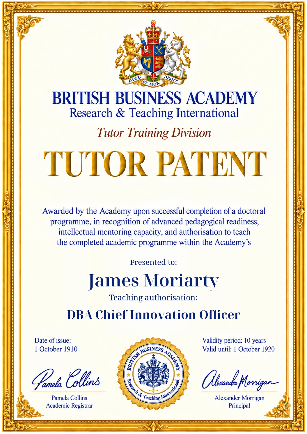 Tutor Patent design: James Moriarty, DBA Chief Innovation Officer, 1910–1920