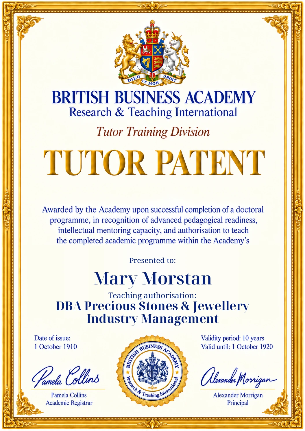 Tutor Patent design: Mary Morstan, DBA Precious Stones & Jewellery Industry Management, 1910–1920