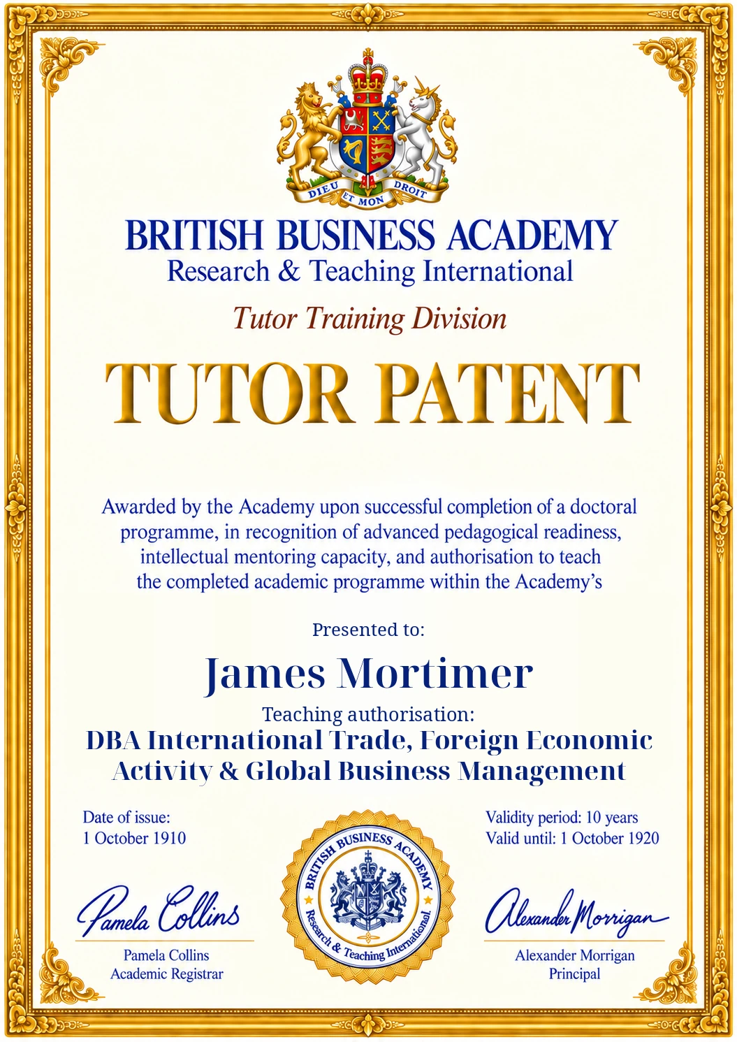 Tutor Patent design: James Mortimer, DBA International Trade, Foreign Economic Activity & Global Business Management, 1910–1920