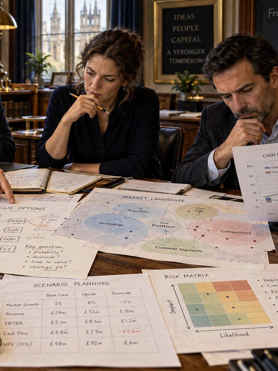 Thematic editorial illustration of research work in dba cfo, left detail; not a photograph of identified academy staff
