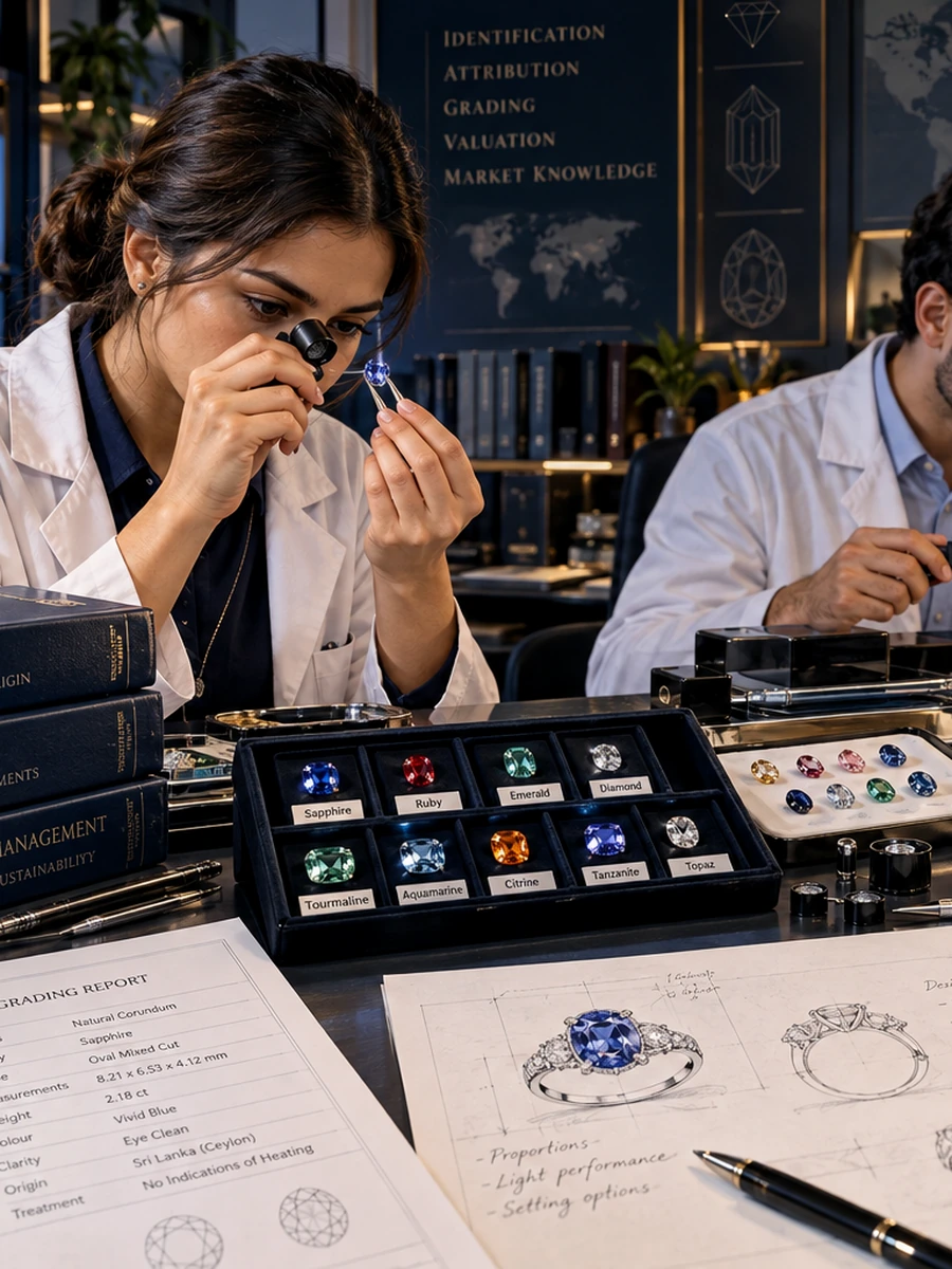 Thematic editorial illustration of research work in dba jewellery, left detail; not a photograph of identified academy staff