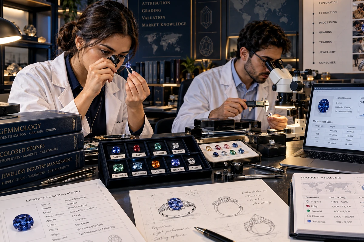 Editorial illustration of practical research activity associated with Precious Stones & Jewellery Industry; illustrative scene