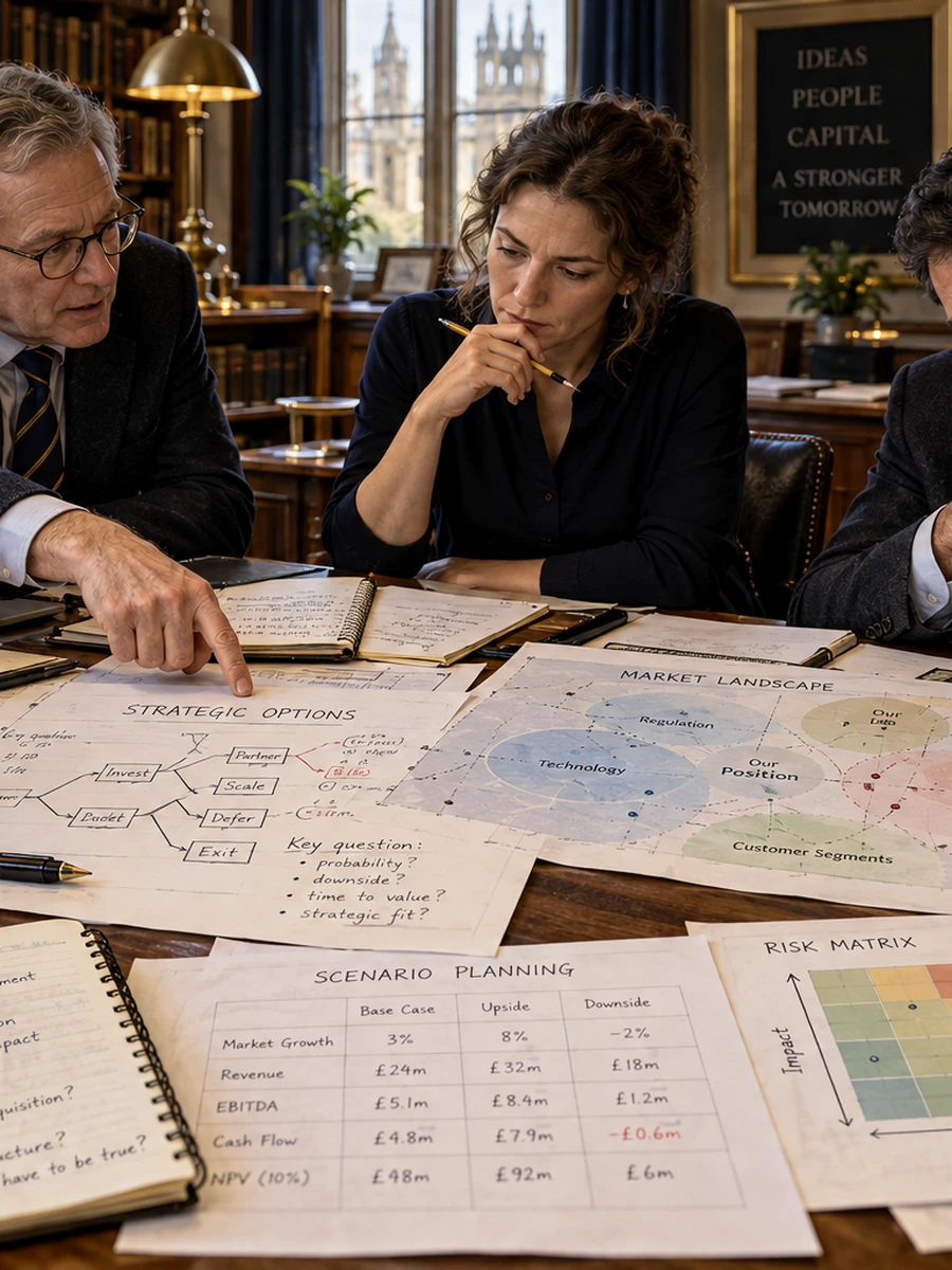 Thematic editorial illustration of research work in dba strategy, left detail; not a photograph of identified academy staff