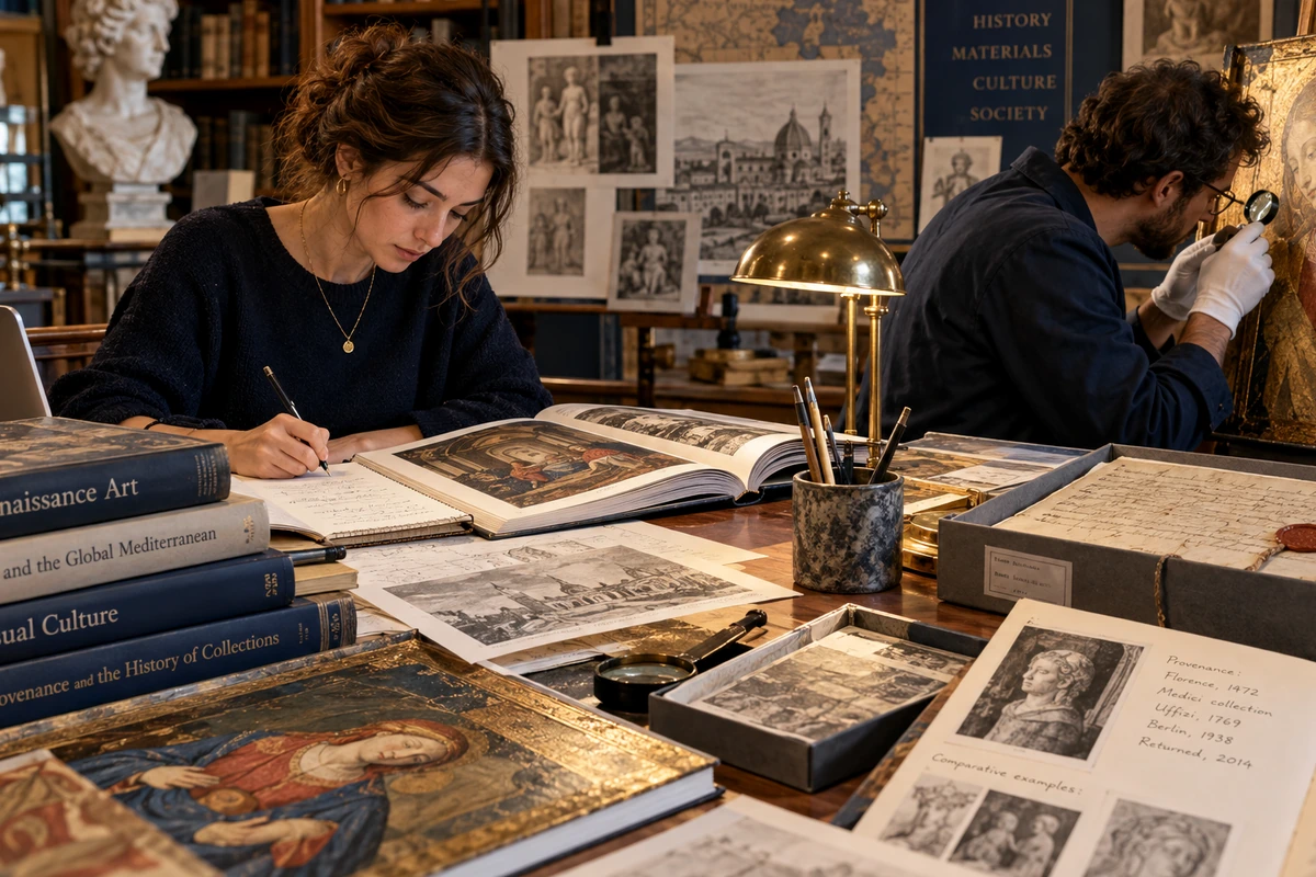 Editorial illustration of practical research activity associated with World Art & Culture; illustrative scene