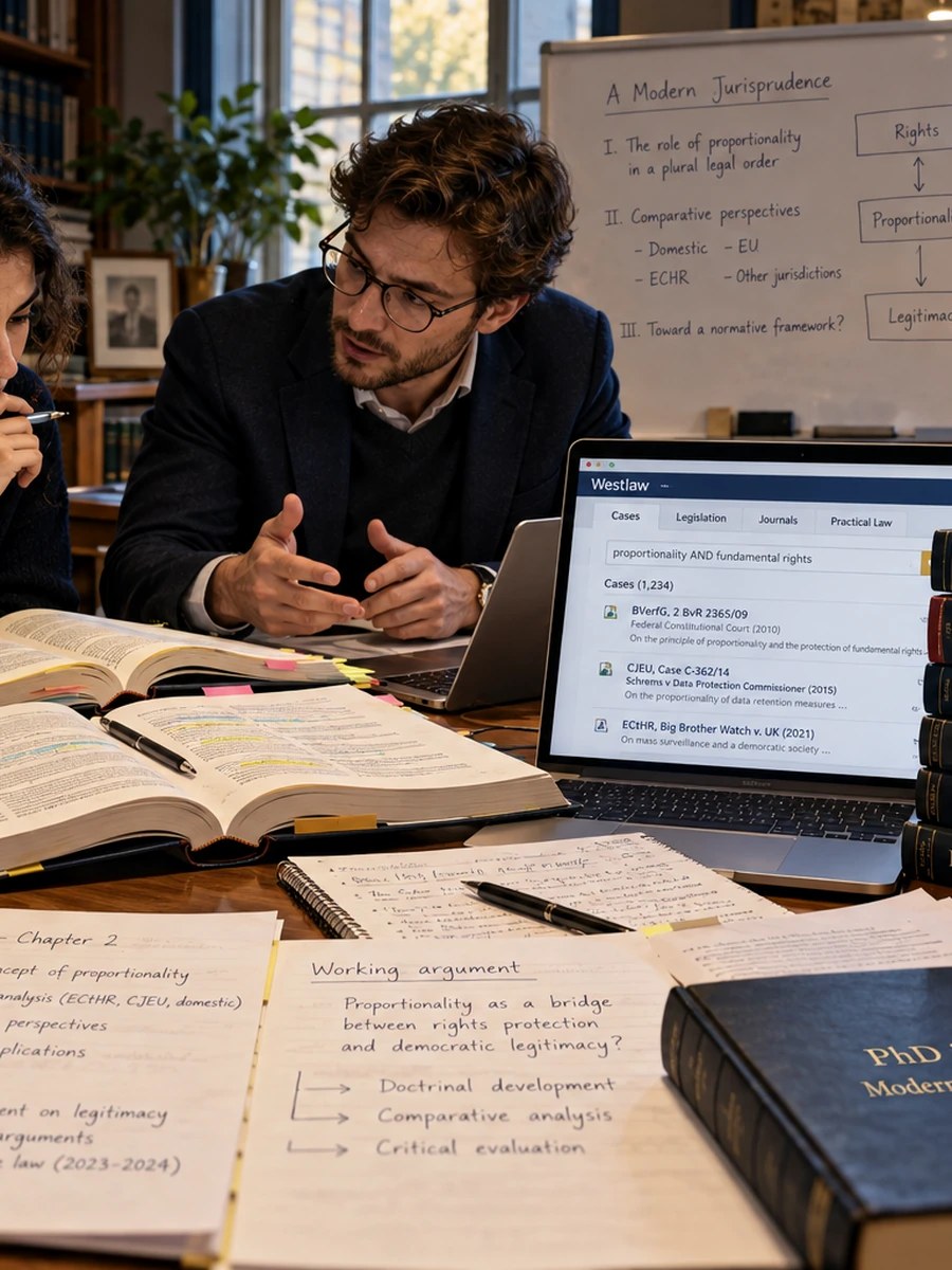 Thematic editorial illustration of research work in phd law, left detail; not a photograph of identified academy staff