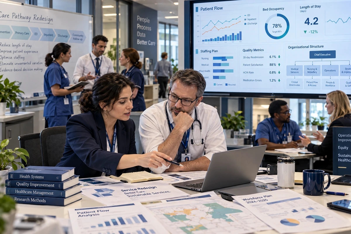 Editorial illustration of practical research activity associated with Healthcare Organisation Management; illustrative scene
