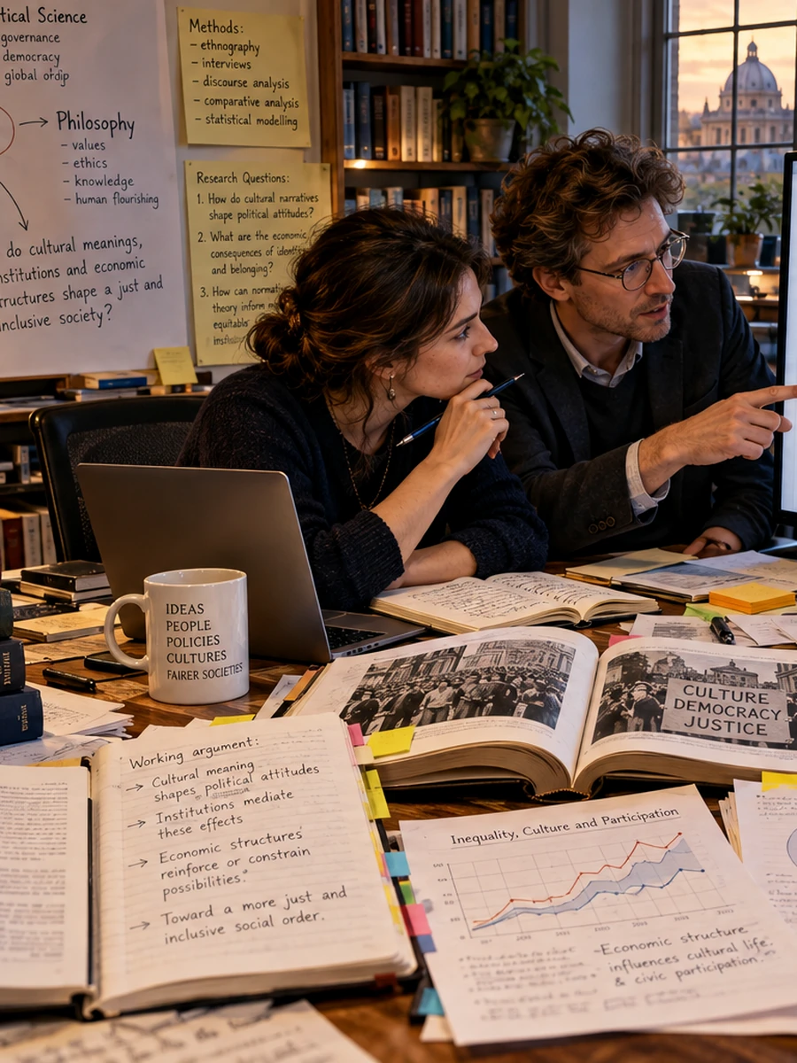 Thematic editorial illustration of research work in phd sociocultural, left detail; not a photograph of identified academy staff