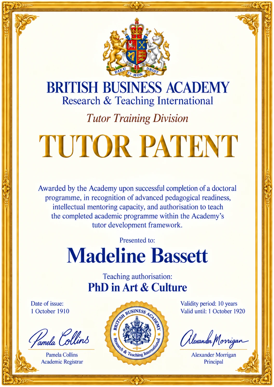 Tutor Patent visual sample: Madeline Bassett, PhD in Art & Culture, valid in the literary design from 1910 to 1920