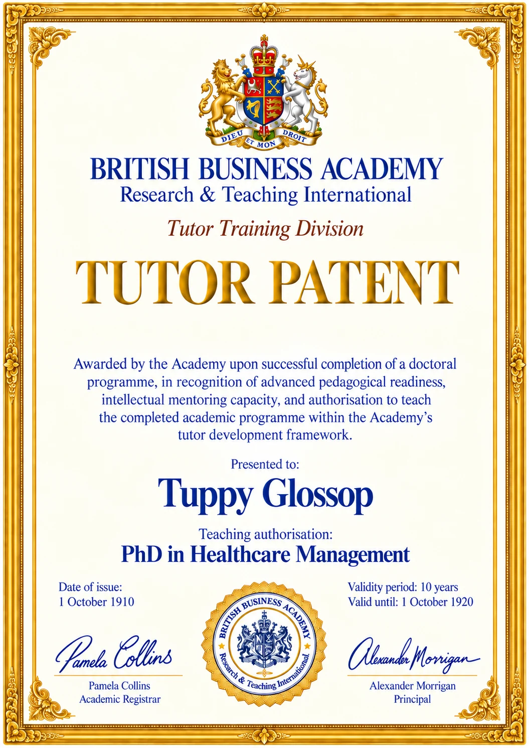Tutor Patent visual sample: Tuppy Glossop, PhD in Healthcare Management, valid in the literary design from 1910 to 1920