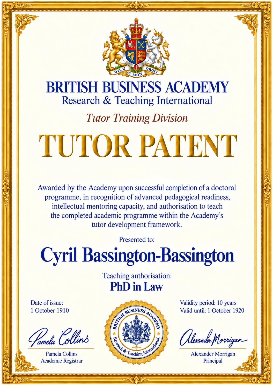 Tutor Patent visual sample: Cyril Bassington-Bassington, PhD in Law, valid in the literary design from 1910 to 1920