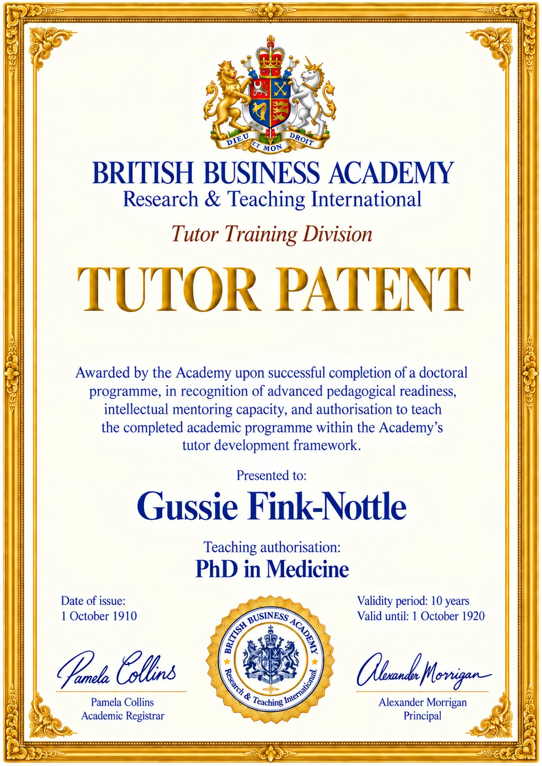 Tutor Patent visual sample: Gussie Fink-Nottle, PhD in Medicine, valid in the literary design from 1910 to 1920