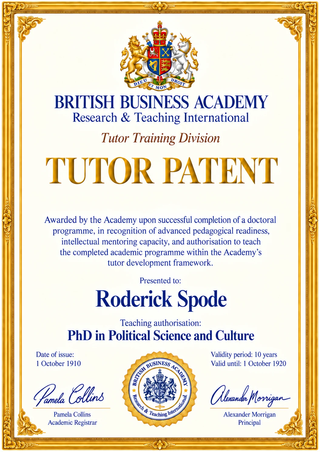 Tutor Patent visual sample: Roderick Spode, PhD in Political Science and Culture, valid in the literary design from 1910 to 1920