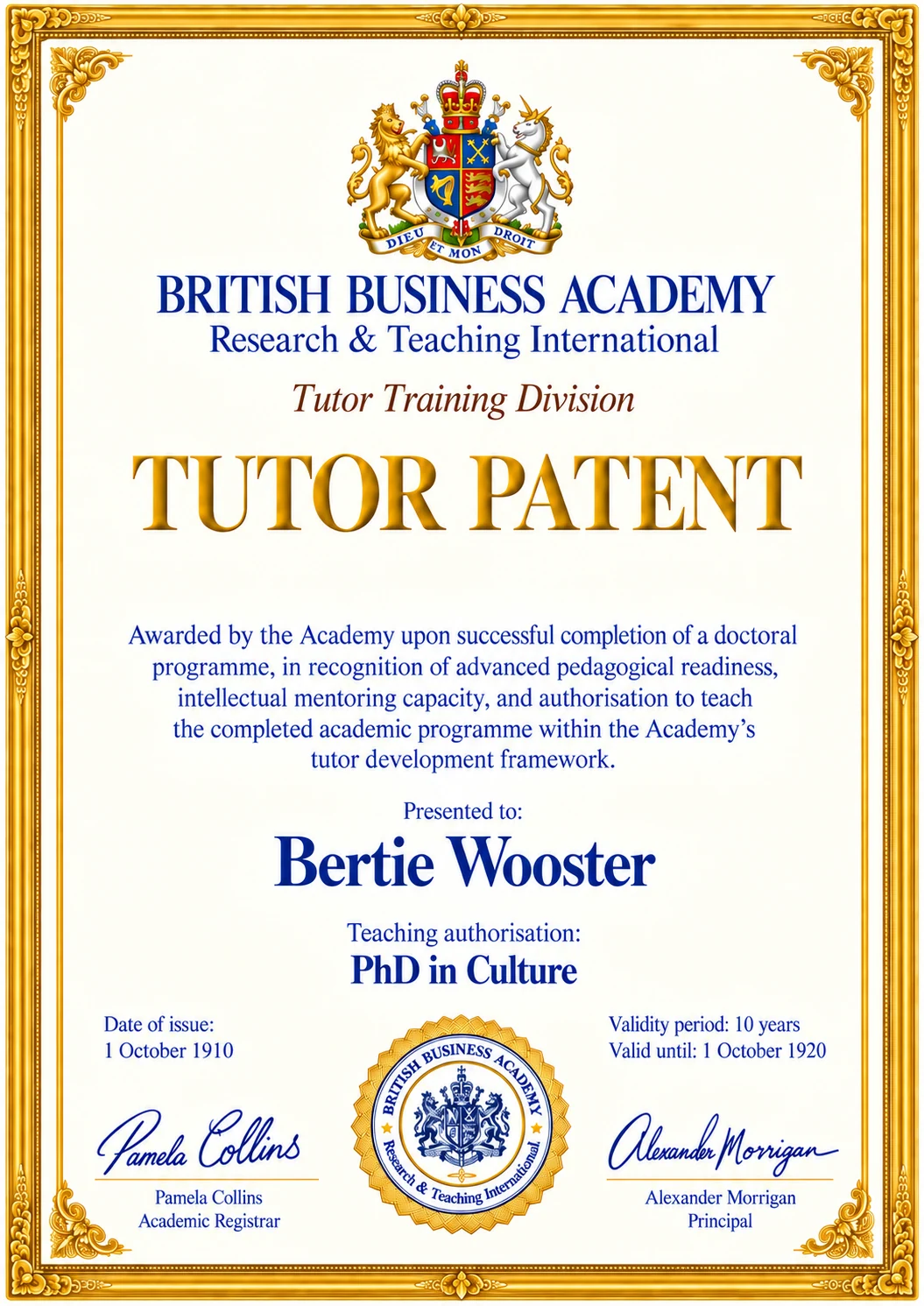 Tutor Patent visual sample: Bertie Wooster, PhD in Culture, valid in the literary design from 1910 to 1920